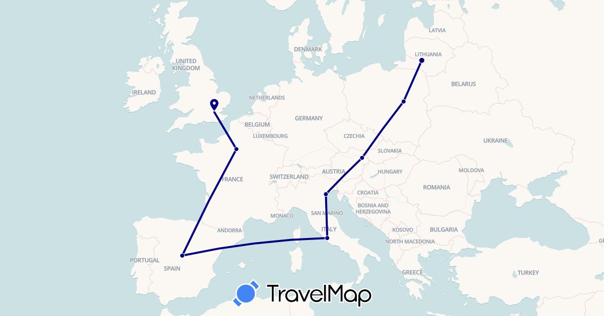 TravelMap itinerary: driving in Austria, Spain, France, United Kingdom, Italy, Lithuania, Poland (Europe)